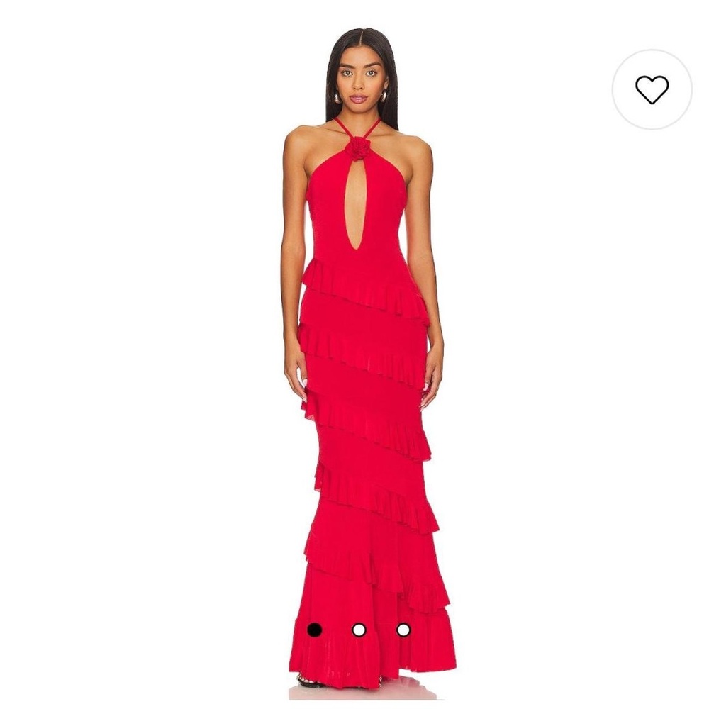 NBD Bray Maxi Tiered Ruffle Trim Rosette Dress Bright Red